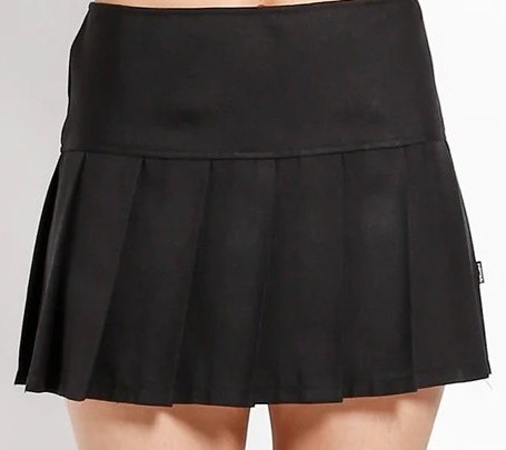 Black pleated mini skirt.
